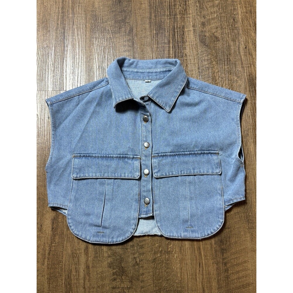 Womens Denim Vest Size Small Light Wash Blue Crop Utility Button Jacket Casual